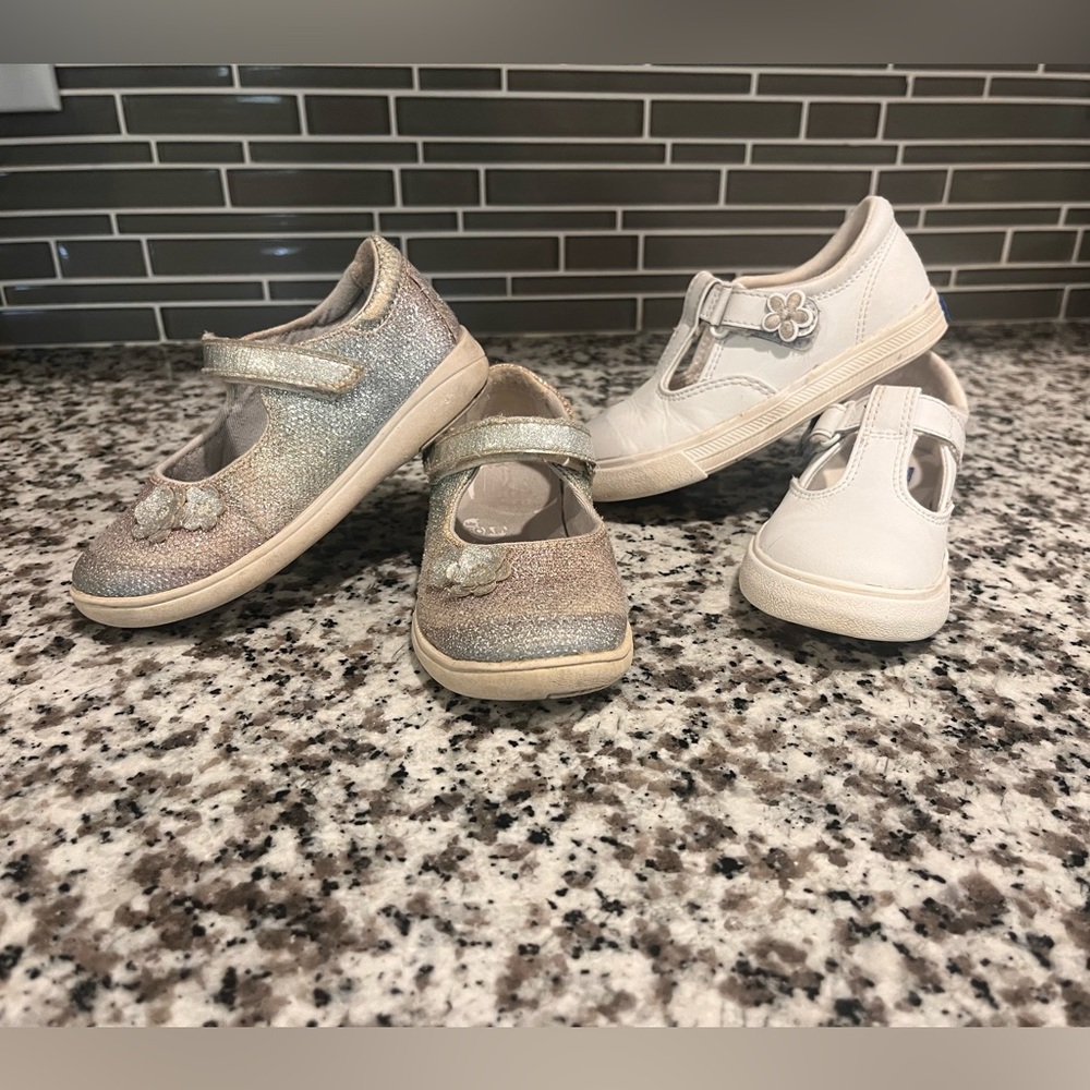 Lot of 2 Mary Jane style sneakers - White Keds 8.5T and Glitter Stride Rite 8T